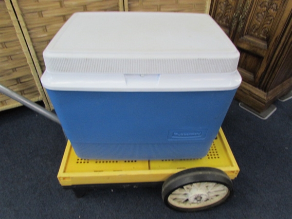 RUBBERMAID ICE CHEST, CART AND SLEEPING BAG