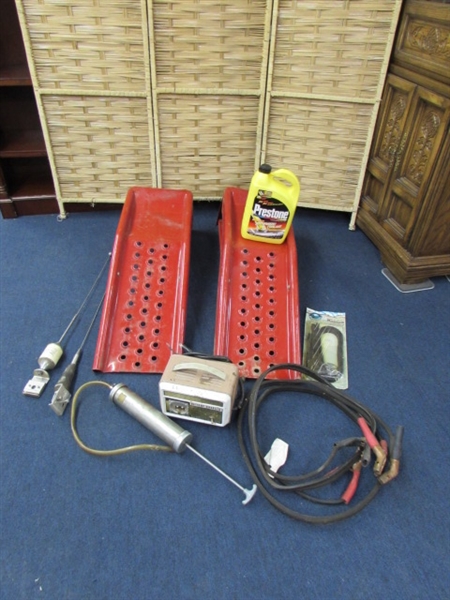 LIGHT DUTY CAR RAMPS, JUMPER CABLES BATTERY CHARGER & MORE.