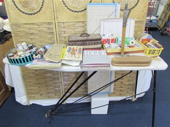 VINTAGE IRONING BOARD, THREAD & SEWING SUPPLIES