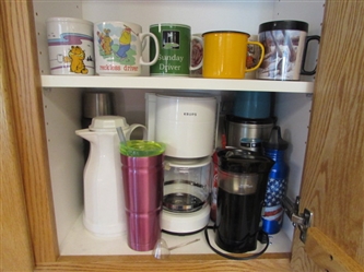 KRUPS COFFEE MAKER, A GRINDER CARAFE, CUPS & MORE