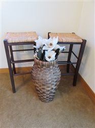 A PAIR OF STOOLS WITH RATTAN SEATS & WOVEN VESSEL