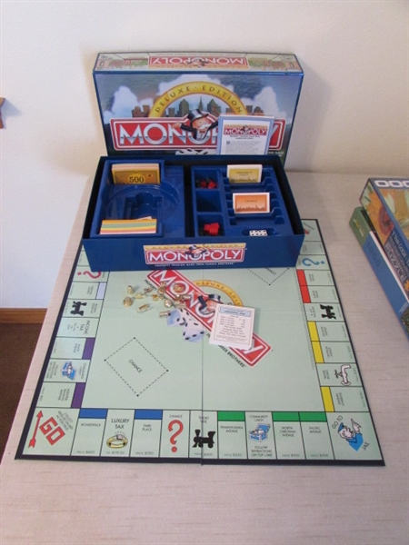 GAME TIME! DELUXE MONOPOLY, CRIBBAGE, TRIVIAL PURSUIT & JIGSAW PUZZLES
