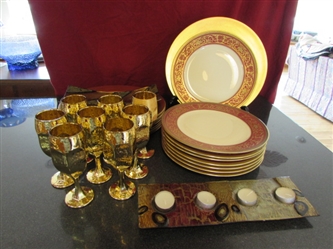 ROSENTHAL IVORY PLATES/GOLD CHARGERS/ GOLD DRINKING GLASSES & MORE