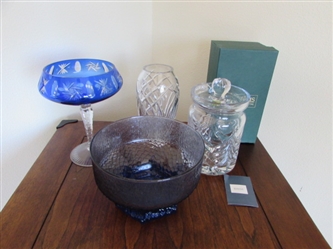 WATERFORD MARQUIS CRYSTAL CANISTER W/LID/VASE/BLUE BOWL/BLUE CUT GLASS PEDESTAL CANDY DISH