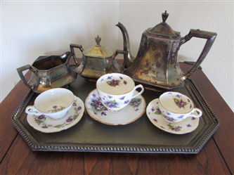 SILVERPLATE TEA, CREAMER, SUGAR & TEAPOT & 3 CHINA CUPS WITH SAUCERS