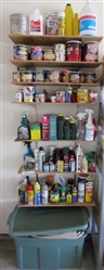 SHELVING UNIT WITH MISC. NUTS, BOLTS, AND GARDEN SUPPLIES
