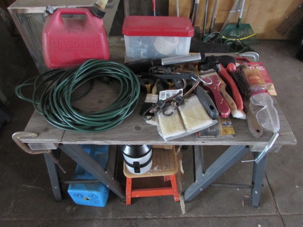 GARAGE LOT - SAWHORSES, GAS CAN, PAINT BRUSHES & MORE