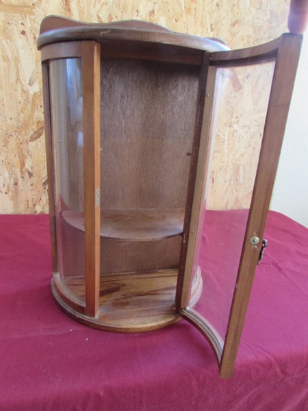 WROUGHT IRON WINE BOTTLE RACK, CURIO CABINET, SMALL STOOL & MORE