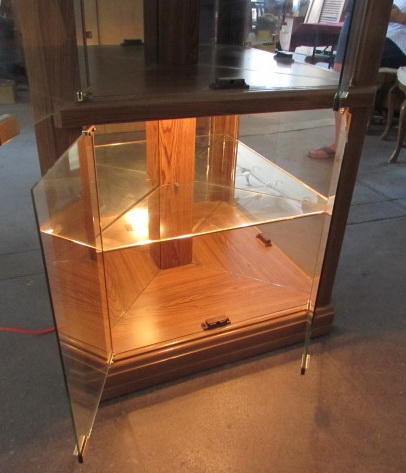 TALL LIGHTED CORNER CURIO CABINET WITH GLASS SHELVES