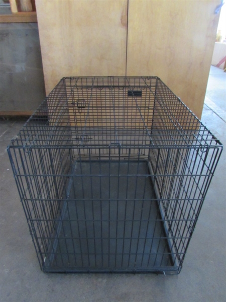LARGE WIRE DOG CRATE, CARPETED DOG STEPS & MORE