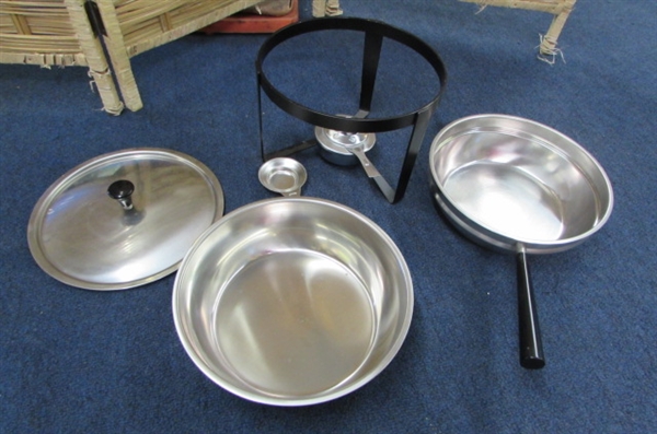 STAINLESS STEEL ICE BUCKET ON STAND, CHAFING DISH & 2 NORWEGIAN HAMMERED ALUMINUM TRAYS