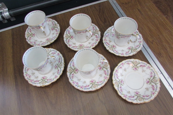 LIMOGES TEAPOT, CUPS & SAUCERS & SERVING TRAY