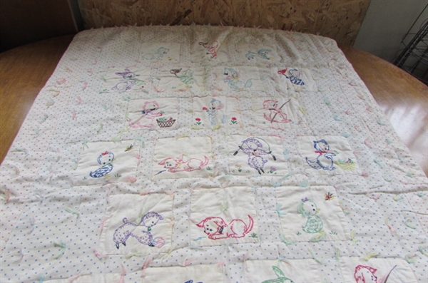 METAL QUILT RACK WITH VINTAGE QUILTS AND A NEEDLEPOINT PILLOW