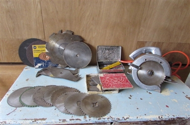 PORTER CABLE 7" CIRCULAR SAW, MISC SAW BLADES, AND CONCRETE BIT ASSORTMENT