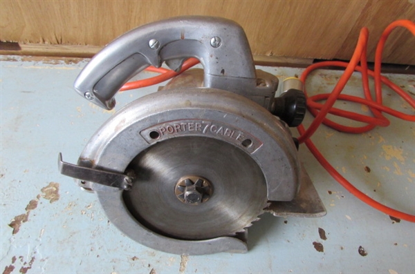 PORTER CABLE 7 CIRCULAR SAW, MISC SAW BLADES, AND CONCRETE BIT ASSORTMENT