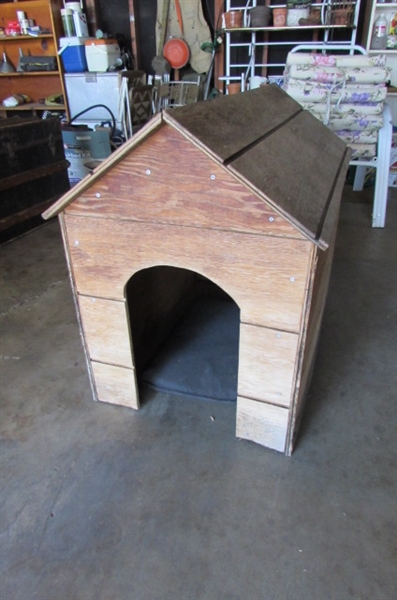 WOODEN DOGHOUSE & SMALL CUSHION