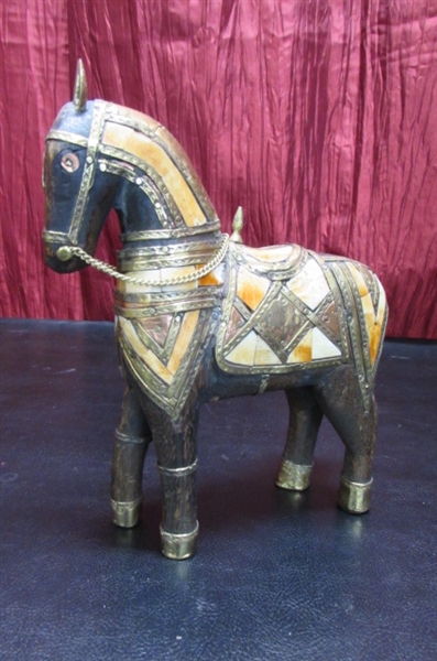 CARVED WOOD ARABIAN HORSE WITH BRASS COPPER & BONE INLAY