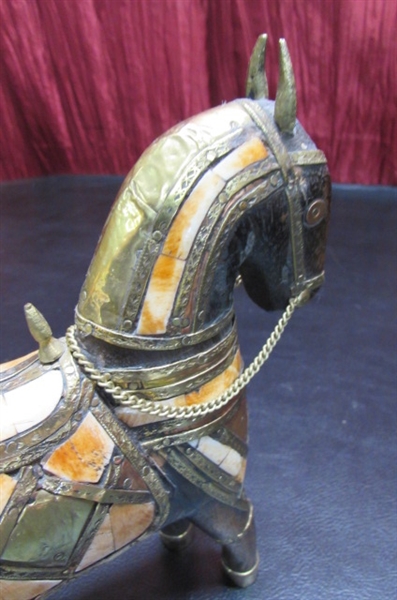 CARVED WOOD ARABIAN HORSE WITH BRASS COPPER & BONE INLAY