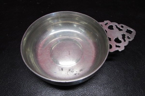 ENAMELED PLATE, PEWTER DISH AND MORE