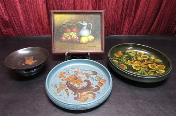 SIGNED OIL PAINTING, PAINTED WOODEN BOWLS AND MORE