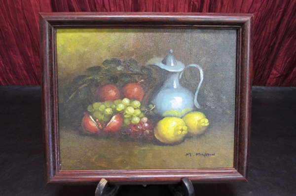 SIGNED OIL PAINTING, PAINTED WOODEN BOWLS AND MORE