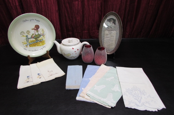 VINTAGE HOLLY HOBBIE COLLECTOR'S PLATE, HANDKERCHIEFS AND MORE
