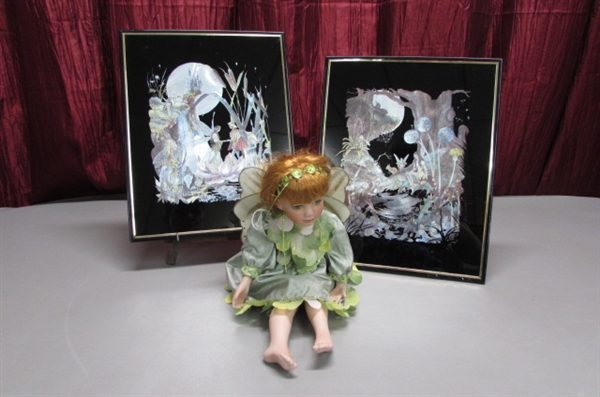 TWO KAFKA SCREENED ETCHINGS AND PORCELAIN FAIRY DOLL