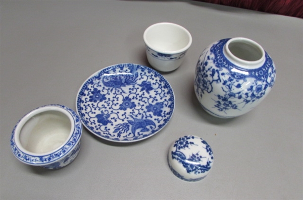 BLUE AND WHITE CERAMIC TEAPOT AND MORE