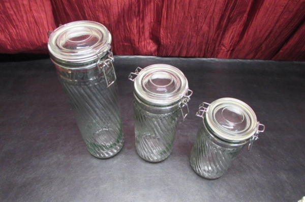 COOKIE JAR, GLASS CANISTERS AND VINTAGE HAND BEATERS