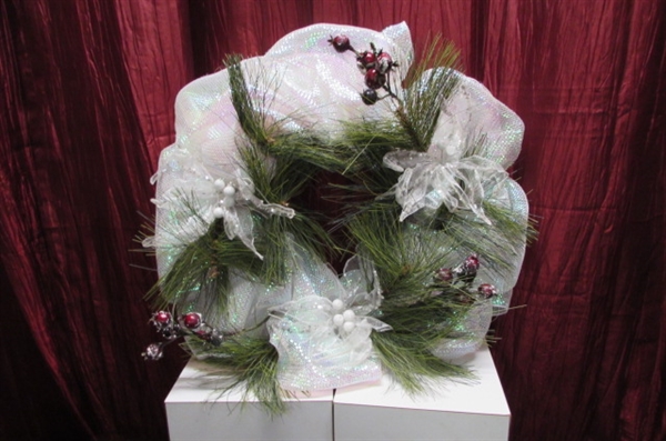 ANGEL TREE TOPPER, WREATH & ASSORTED ORNAMENTS IN BURGUNDY, GOLD, PINK, LACE & MORE