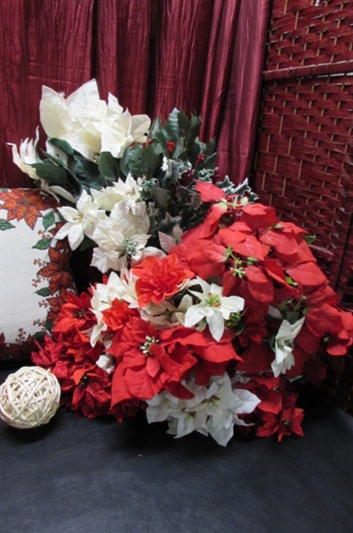 POINSETTIA PILLOWS, SILK FLOWERS, VINTAGE & NEW GLASS ORNAMENTS & MORE