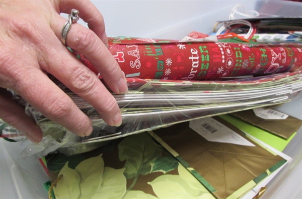 RUBBERMAID WRAP & CRAFT BOX FULL OF WRAPPING PAPER & MORE