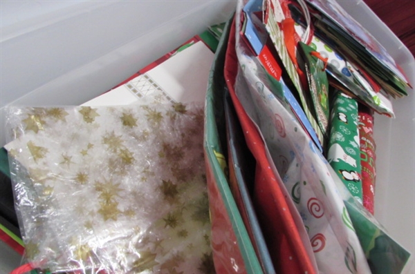 RUBBERMAID WRAP & CRAFT BOX FULL OF WRAPPING PAPER & MORE