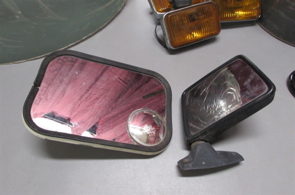 VINTAGE GAS CANS AND VEHICLE MIRRORS