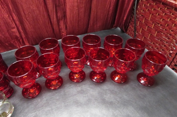VINTAGE RUBY RED GLASSWARE, 22KT GOLD RIMMED OWL GLASSES & ROYAL ALBERT SET