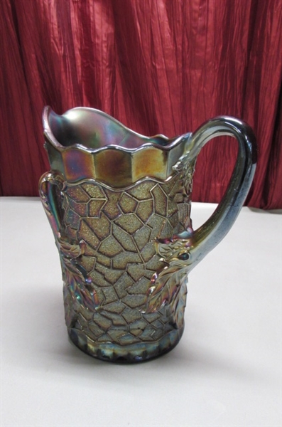 ANTIQUE DUGAN CARNIVAL GLASS PITCHER & 4 SIGNED ART GLASS TUMBLERS