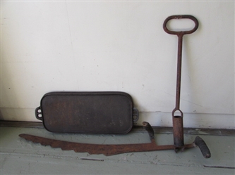 CAST IRON GRIDDLE, VINTAGE HAND SAW, AND OUTDOOR TOOL