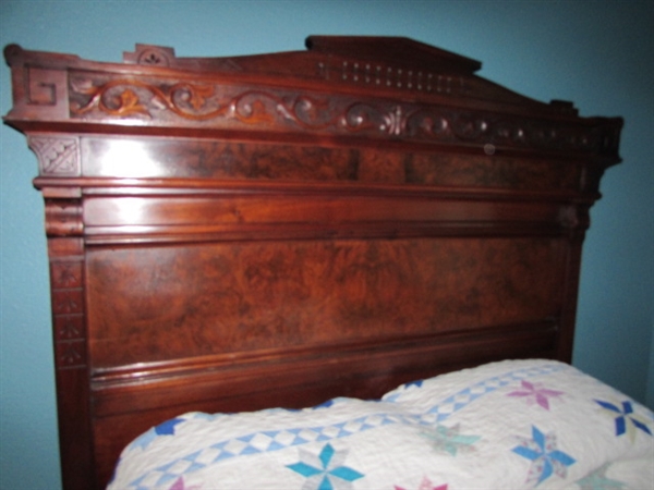 FULL SIZE ANTIQUE BED WITH MATTRESS/FOUNDATION & BEDDING