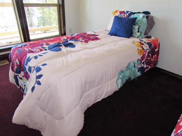 TWIN BED WITH MATTRESS, FOUNDATION, RAILS & BEDDING