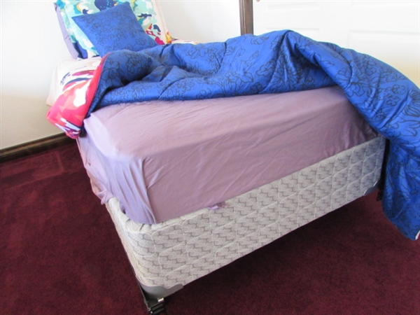 TWIN BED WITH MATTRESS, FOUNDATION, RAILS & BEDDING #2