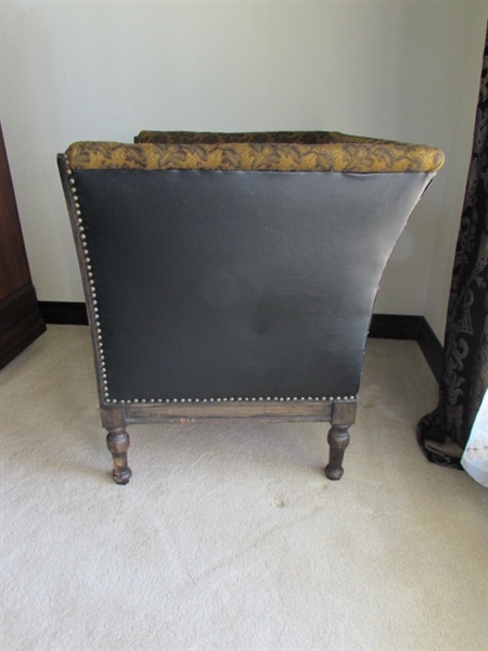 ANTIQUE LEATHER & FABRIC UPHOLSTERED ARM CHAIR
