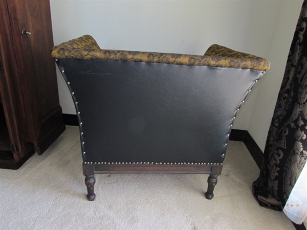 ANTIQUE LEATHER & FABRIC UPHOLSTERED ARM CHAIR