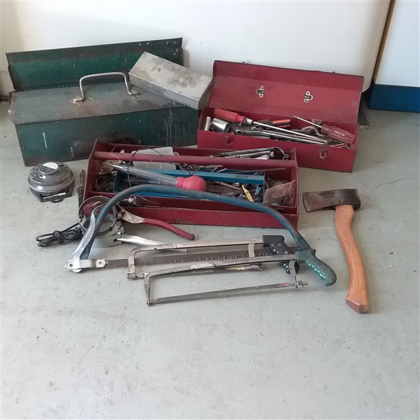 TOOL BOXES WITH TOOLS AND HARDWARE, HATCHET, FISHING, AND SAWS
