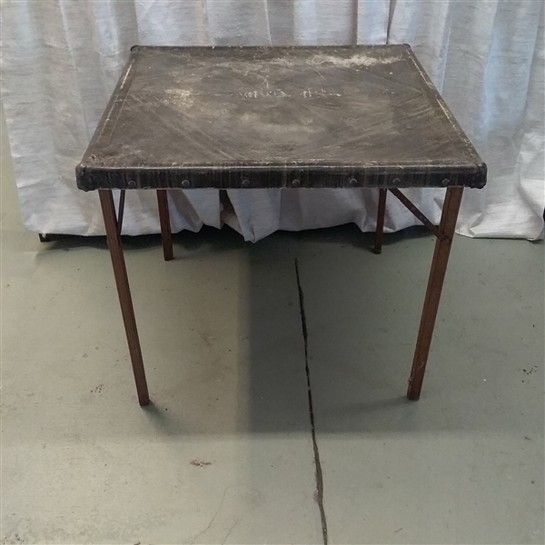 ANTIQUE  SAMSON CARD TABLE, OUTDOOR CHAIR, AND ROLL UP SHADE
