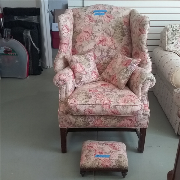 VINTAGE FLORAL WINGBACK ARMCHAIR WITH FOOT STOOL AND THROW PILLOWS
