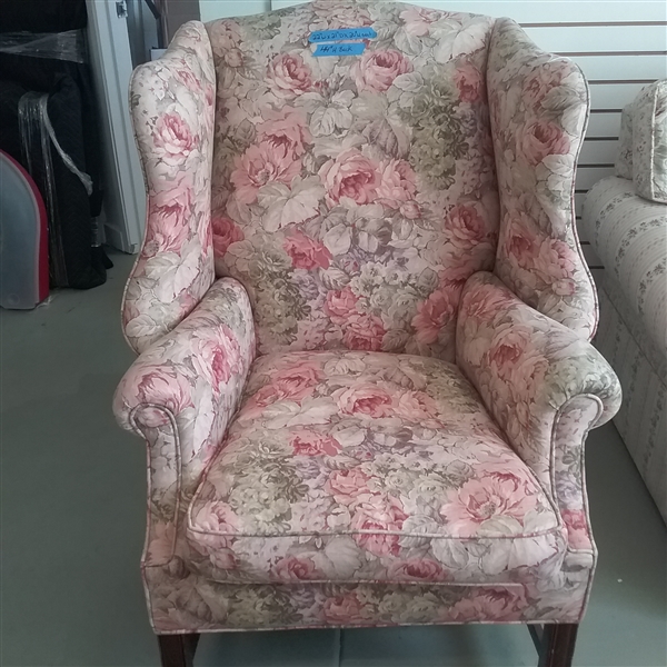 VINTAGE FLORAL WINGBACK ARMCHAIR WITH FOOT STOOL AND THROW PILLOWS