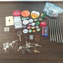 LOT OF VINTAGE GOODIES- KEYS, PINS, DICE, MARBLES, AND MORE!
