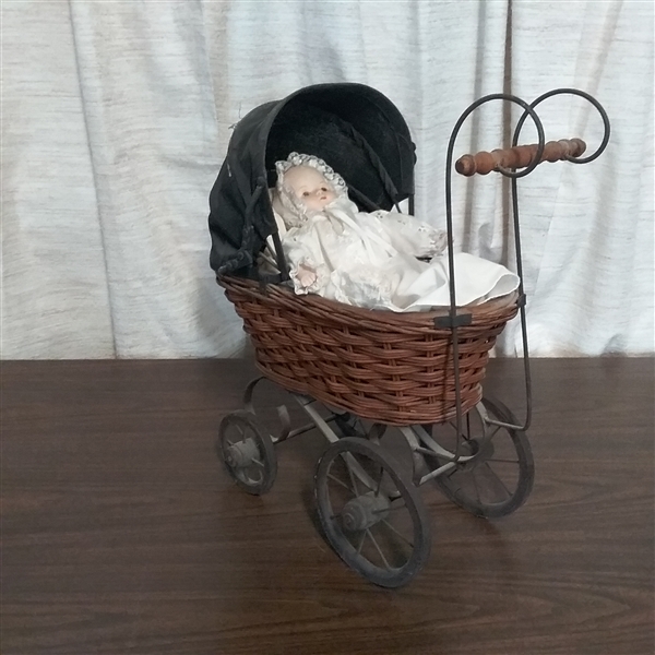 VINTAGE BABY DOLL IN CARRIAGE