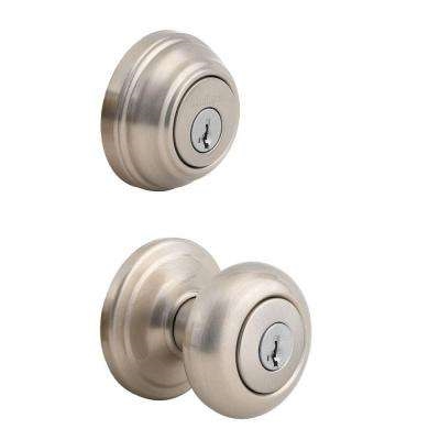 JUNO SATIN NICKEL ENTRY DOOR KNOB AND SINGLE CYLINDER DEADBOLT  COMBO PACK  FEATURING SMARTKEY SECURITY 