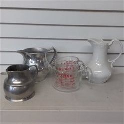 PITCHERS, CREAMER, AND PYREX MEASURING CUPS